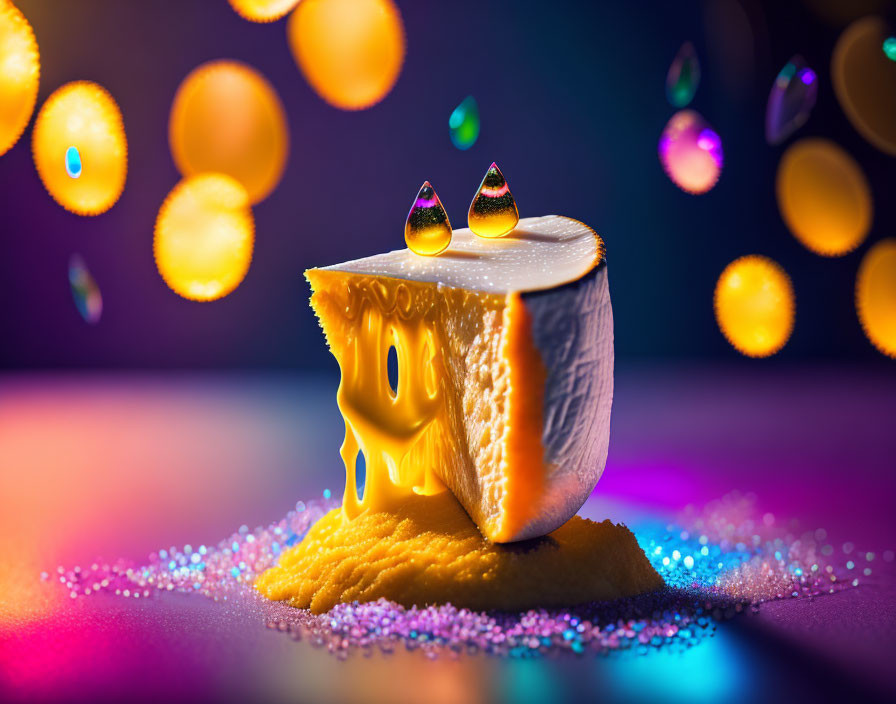 Melting Cheese on Colorful Glitter Surface with Bokeh Reflections
