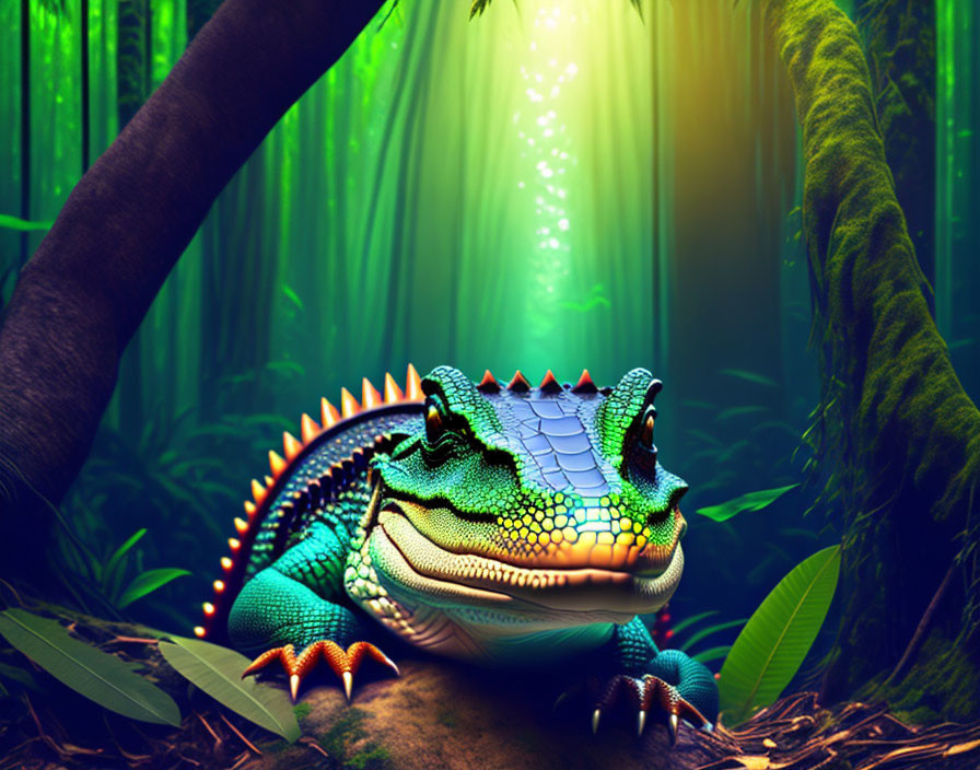 Colorful Crocodile Creature in Lush Jungle with Beams of Light