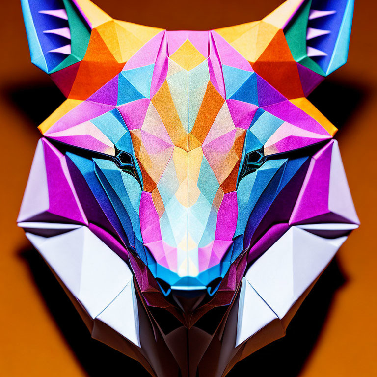 Vibrant origami wolf head with geometric patterns on orange backdrop