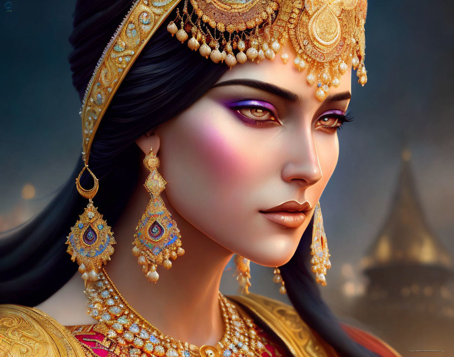 Illustration of woman in Indian attire with gold jewelry against twilight backdrop