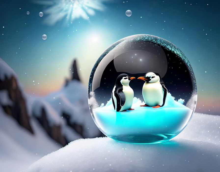 Penguins in snow globe on snowy landscape with starry sky