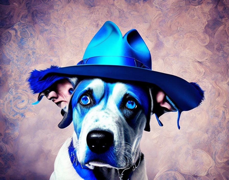 Digitally altered image: dog with blue eyes in blue hat, human eyes peeking, textured pink