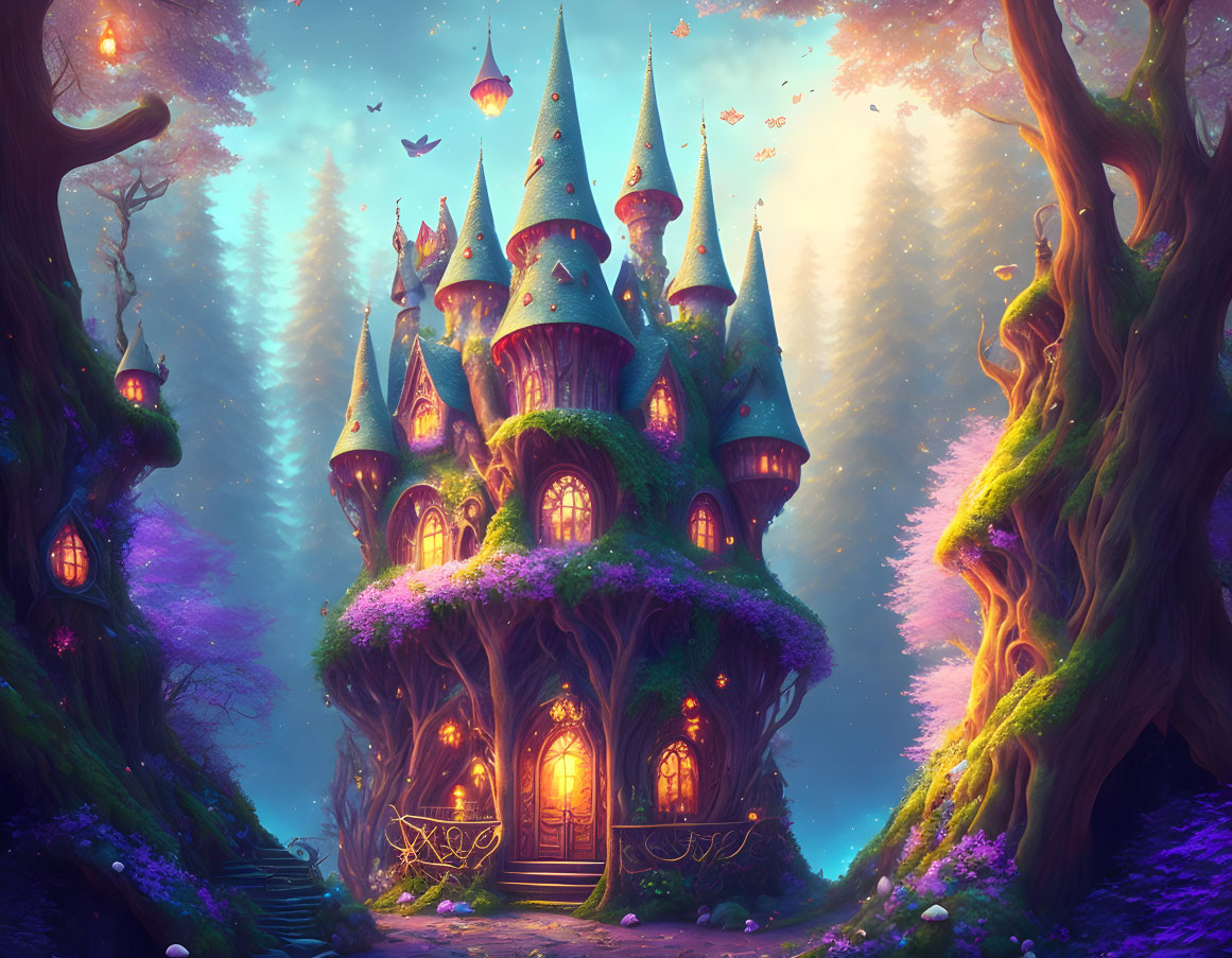 Enchanted forest castle with spires, glowing lanterns, and floating books