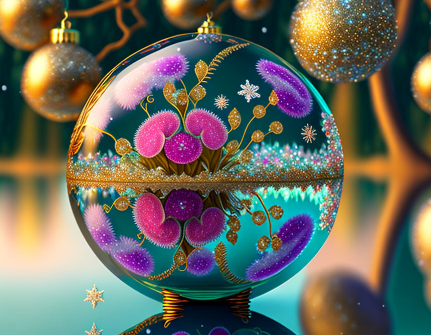 Detailed Christmas Bauble with Gold and Pink Decorations on Shiny Surface