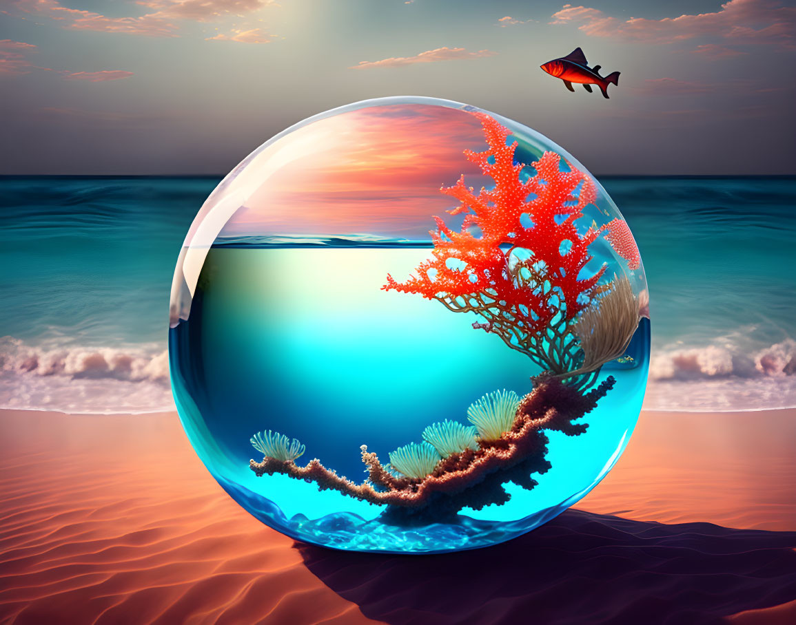 Colorful digital artwork of spherical aquarium with coral and fish on sandy beach, ocean backdrop.