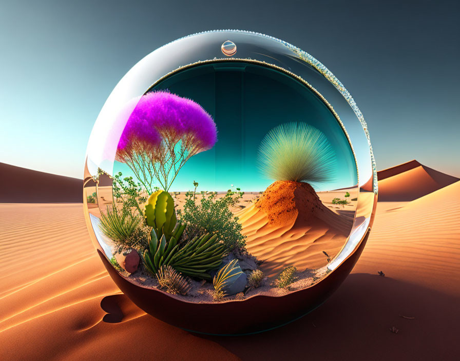 Vibrant oasis with colorful plants in transparent sphere desert scene
