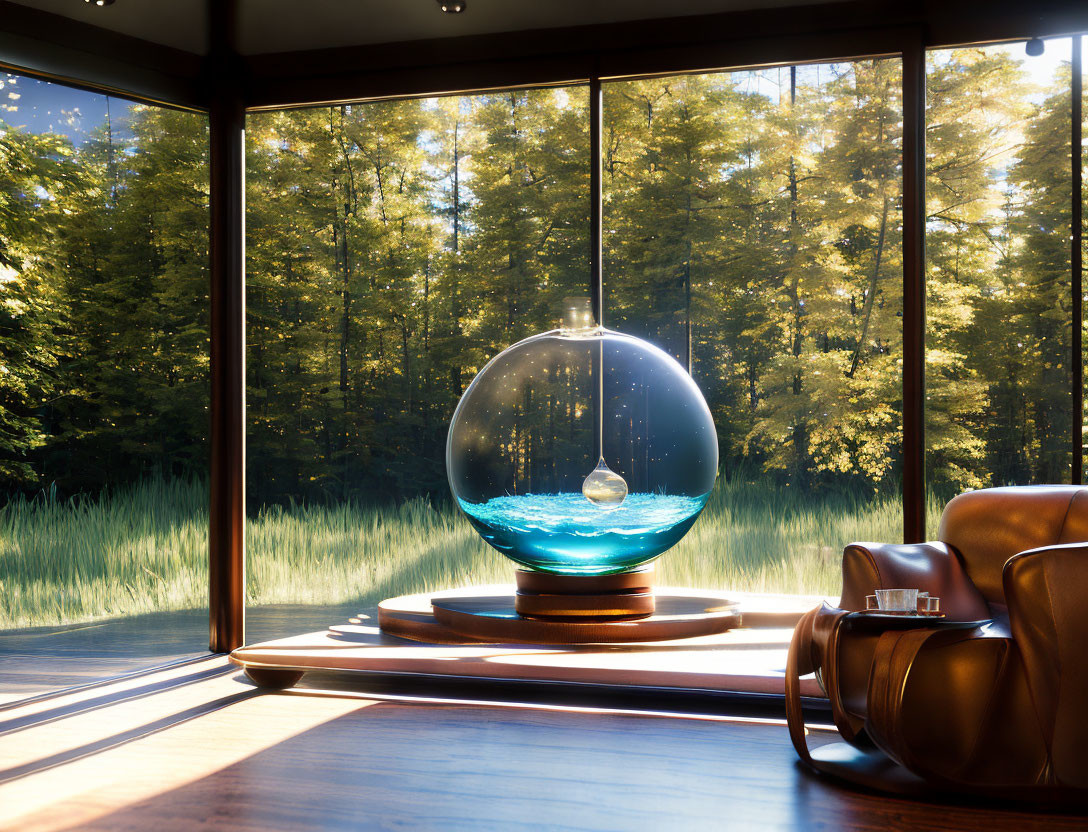 Contemporary room with glass walls showcasing forest view and large transparent sphere with water and floating structure, beside