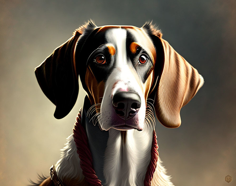 Brown and White Dog Digital Painting with Black Markings and Red Collar