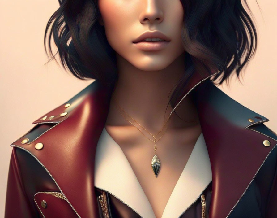 Dark Wavy-Haired Woman in Red Leather Jacket Portrait