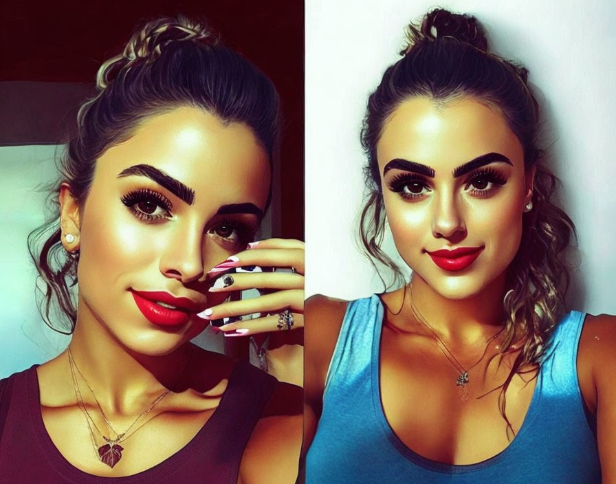 Side-by-side portraits: Woman with stylish makeup in red and blue outfits under warm and cool lighting