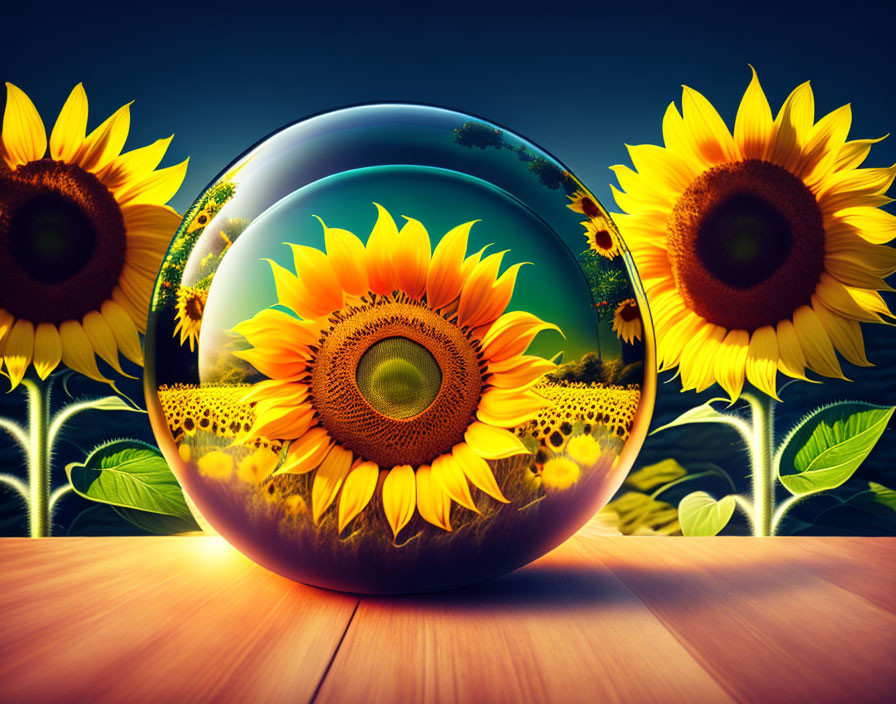 Sunflowers and crystal ball on wooden table at twilight