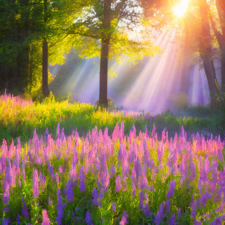Sunrise illuminating purple wildflowers in a forest clearing