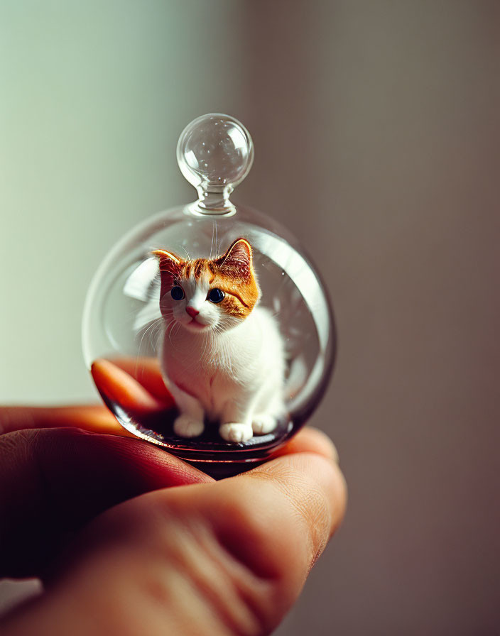 Miniature orange and white cat figurine in glass bubble on soft background
