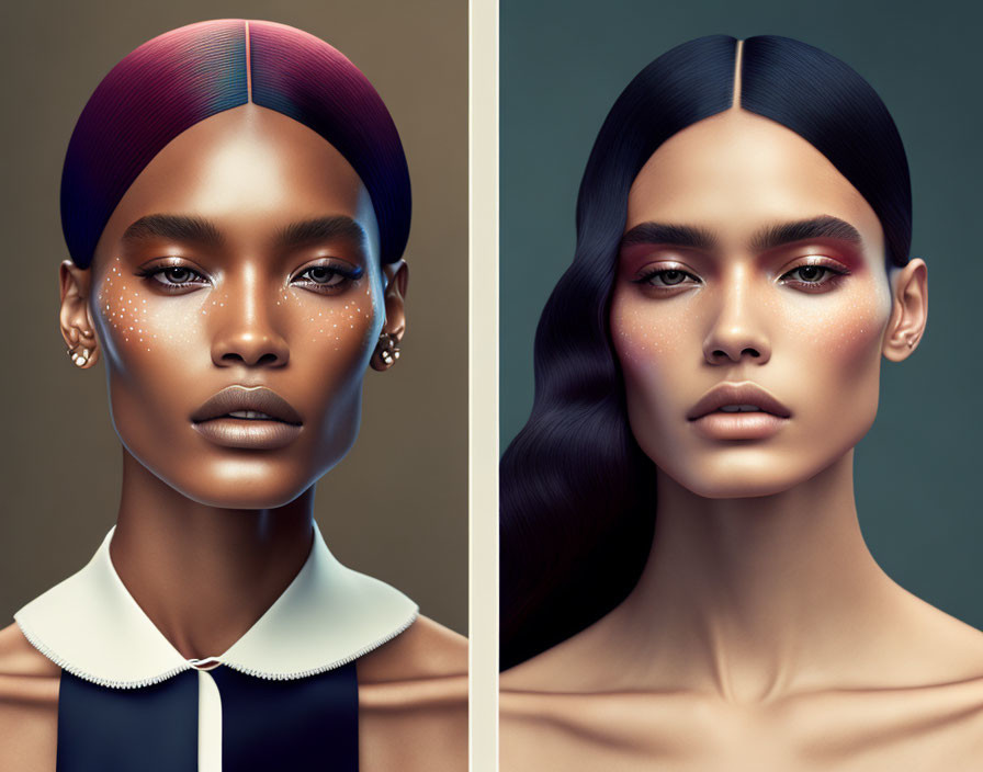 Stylized portraits of women with flawless skin and prominent cheekbones on dual-tone background