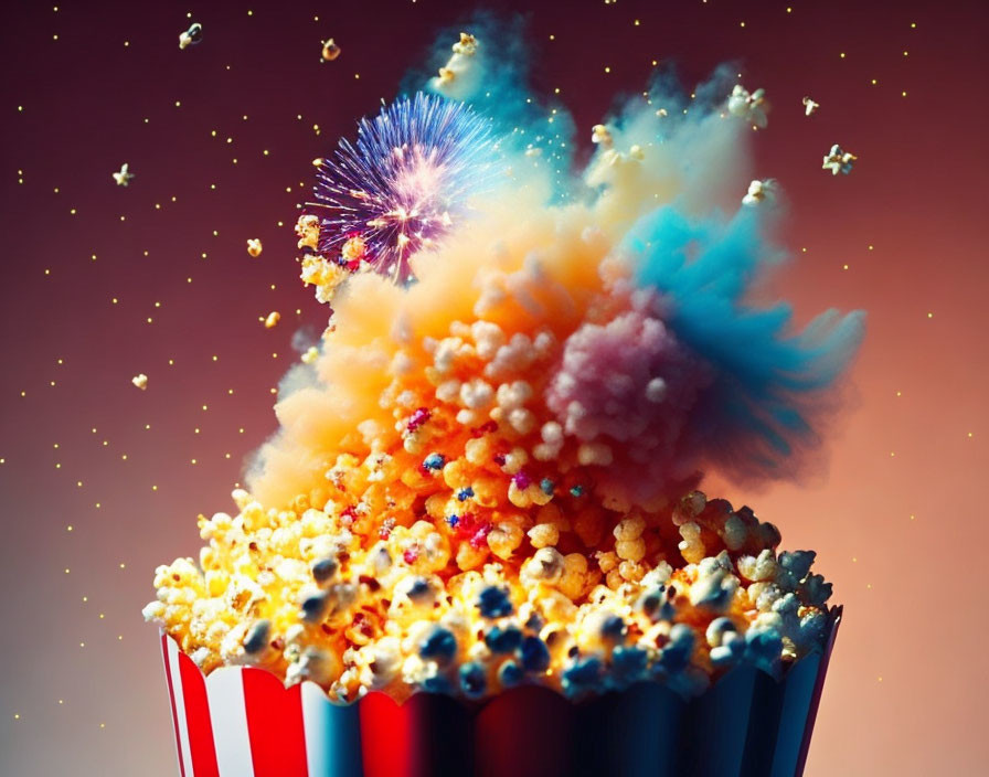 Colorful popcorn explosion from red striped box on red background