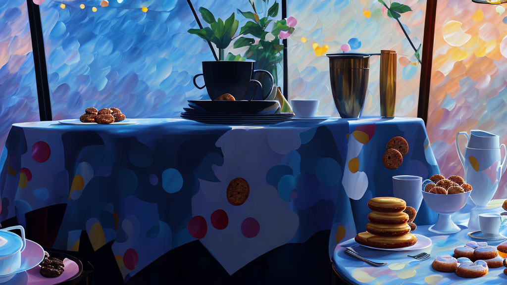 Breakfast setup with pancakes, cookies, and coffee on blue tablecloth