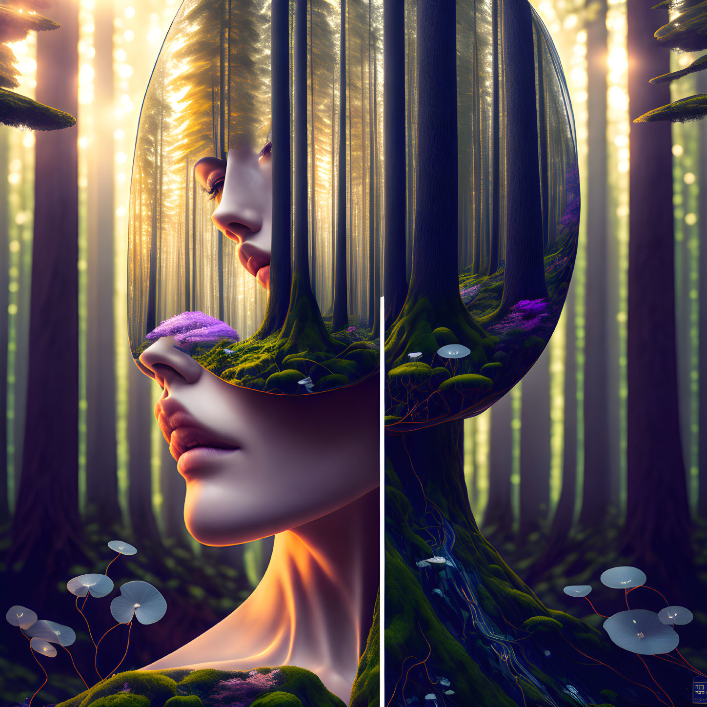Surreal portrait blending woman's face with forest scene