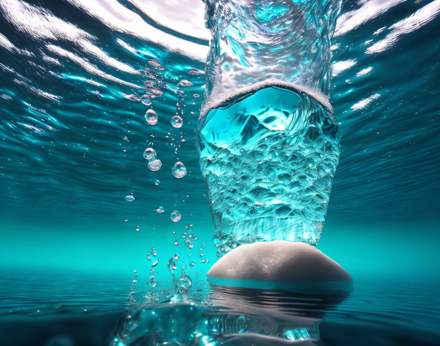 Glass tumbler submerged in clear blue water with bubbles and ripples around white stone