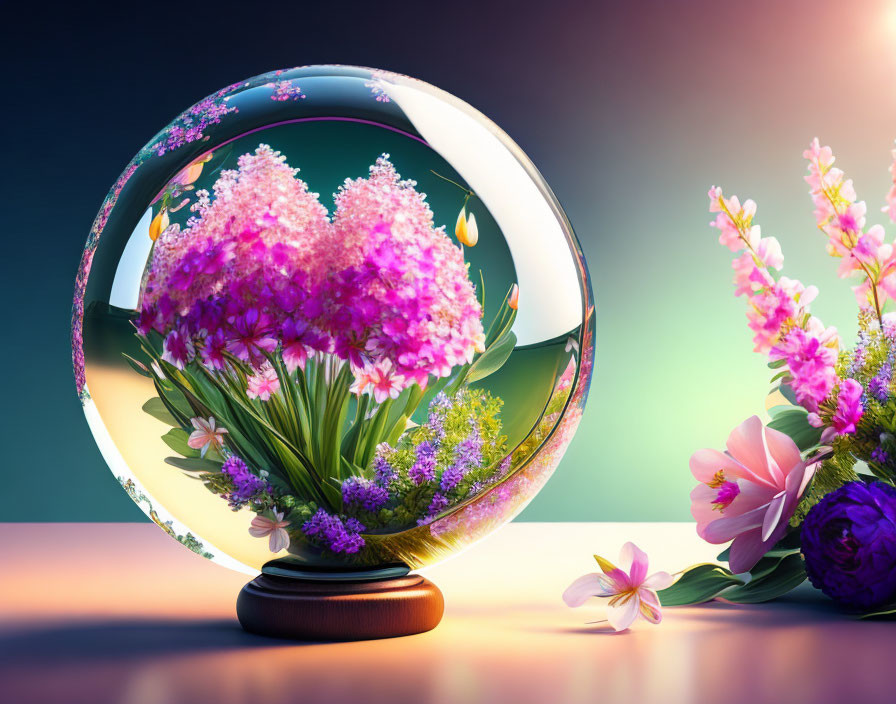Colorful Digital Art: Glass Sphere with Pink and Purple Flowers