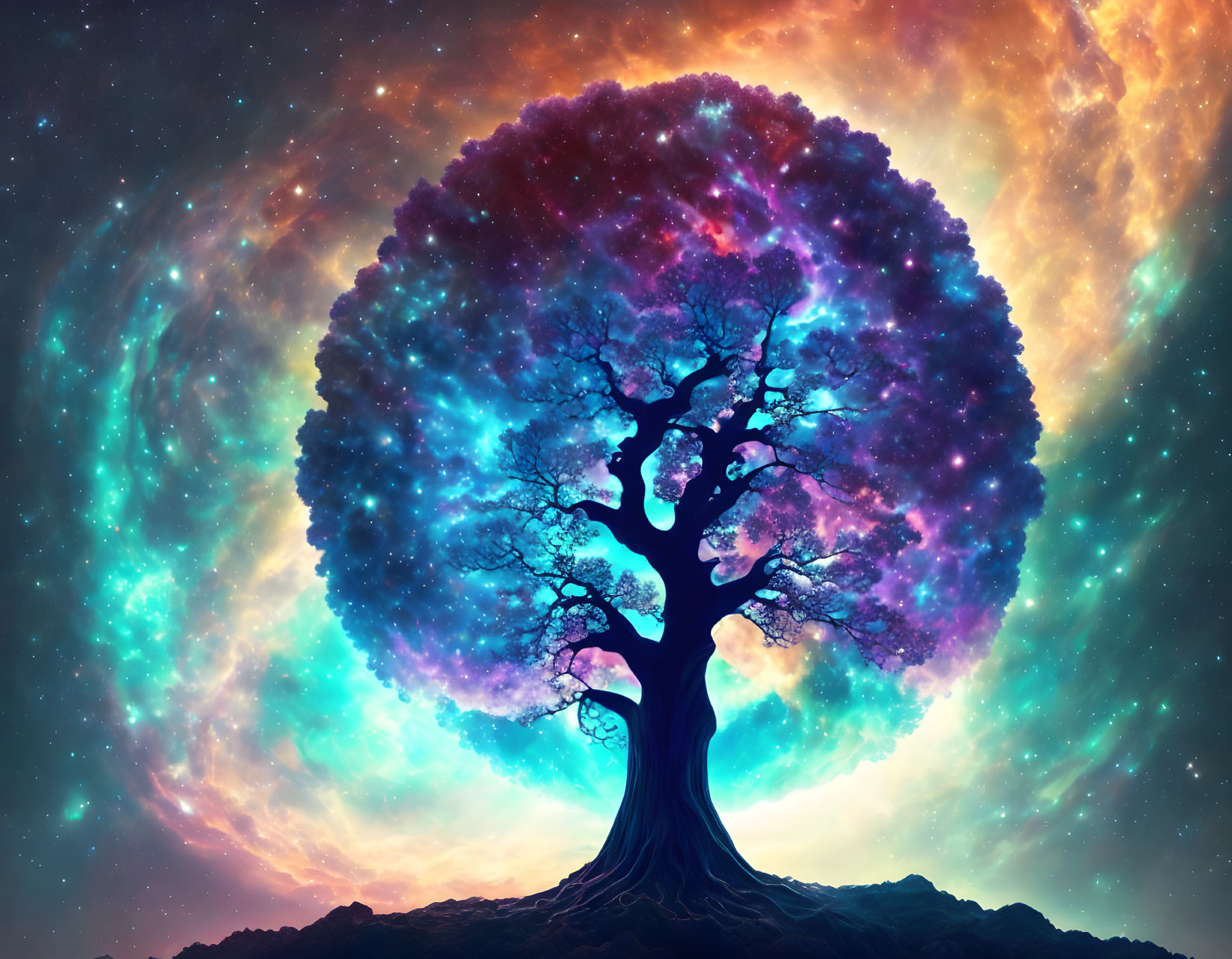 Colorful Tree Illustration with Cosmic Foliage and Nebula Sky