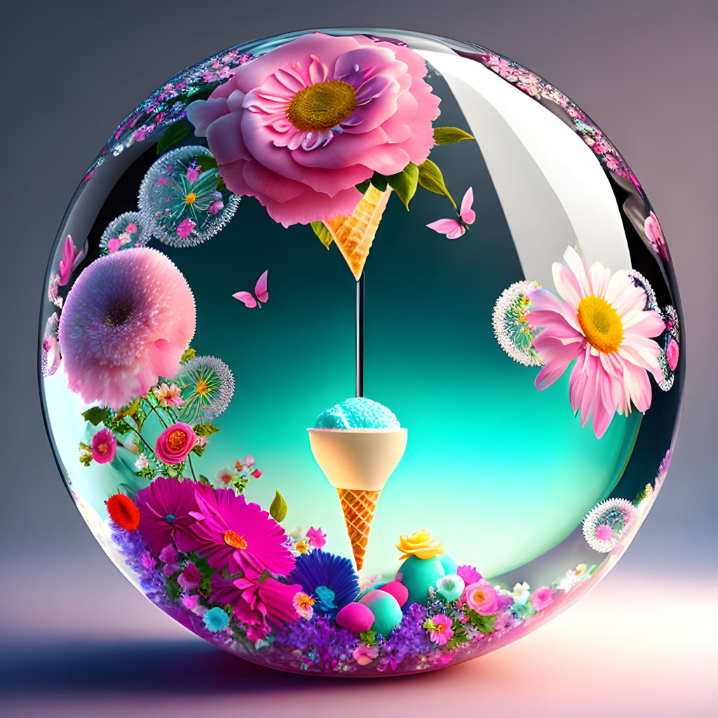 Colorful 3D illustration of glass sphere with flowers, ice cream, butterflies, and patterns