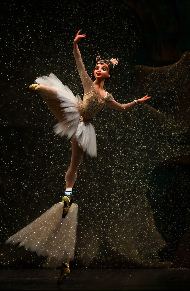 Feathered tutu ballet dancer on stage with sparkles
