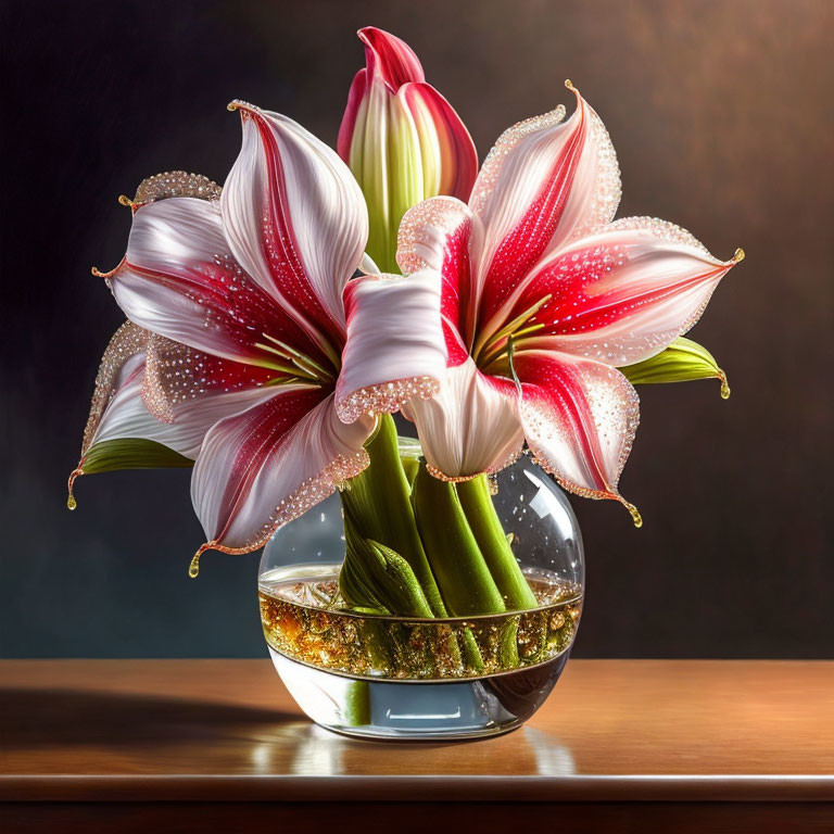 White and Red-Striped Lilies in Glass Vase on Wooden Surface
