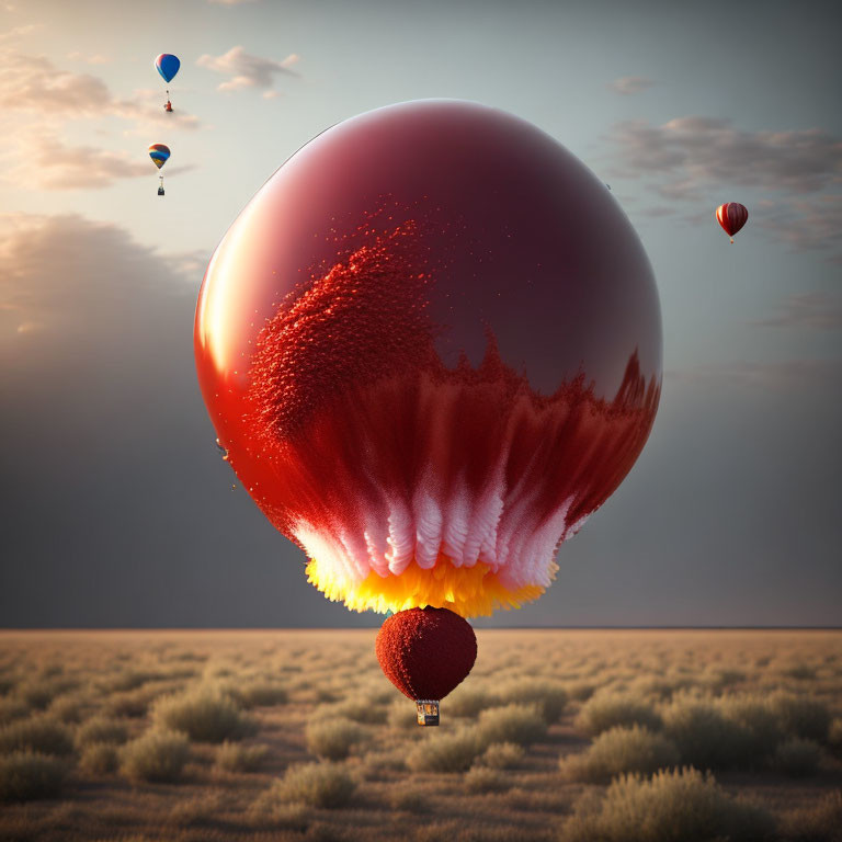 Red dew-covered giant balloon over desert at sunset with smaller balloons