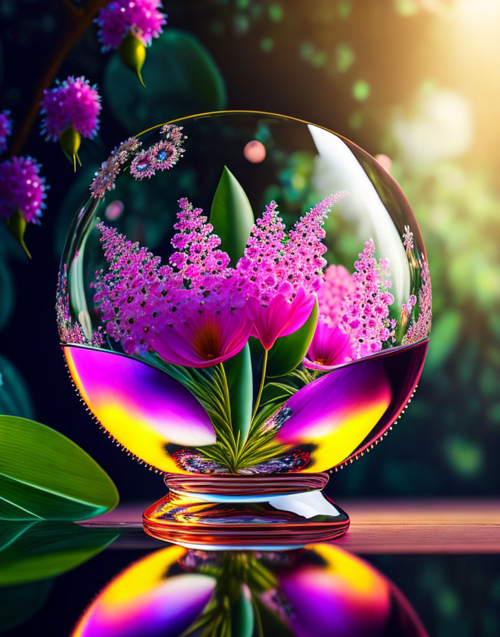 Colorful Glass Terrarium with Pink Flowers and Greenery on Sunlit Foliage Bokeh