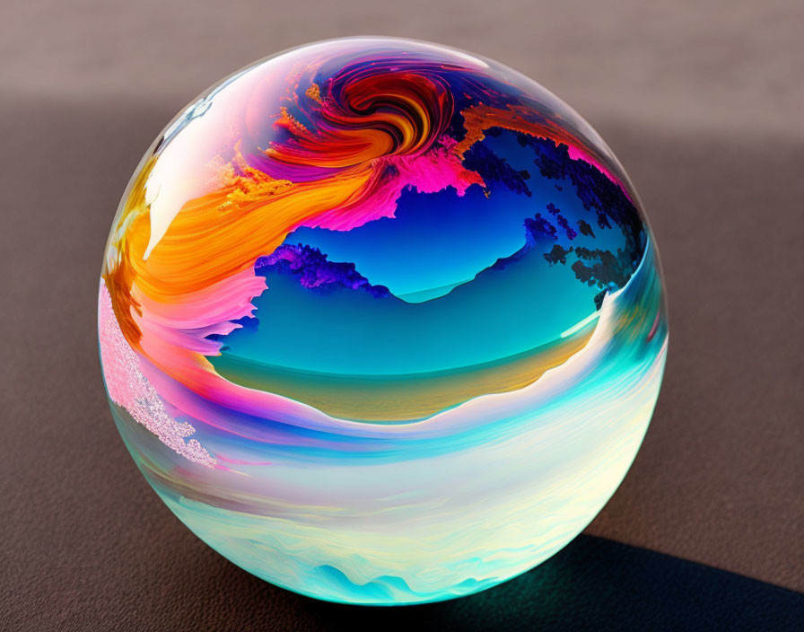 Iridescent Glass Orb with Swirling Orange, Blue, Purple, and White Patterns
