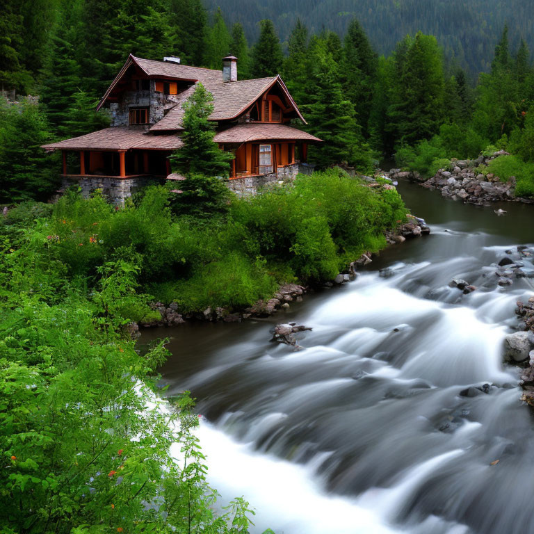 Rustic cabin in lush forest by flowing river with waterfalls