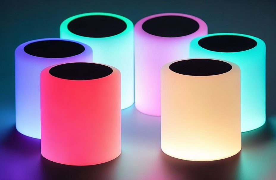 Colorful Neon Cylindrical Lamps on Dark Surface