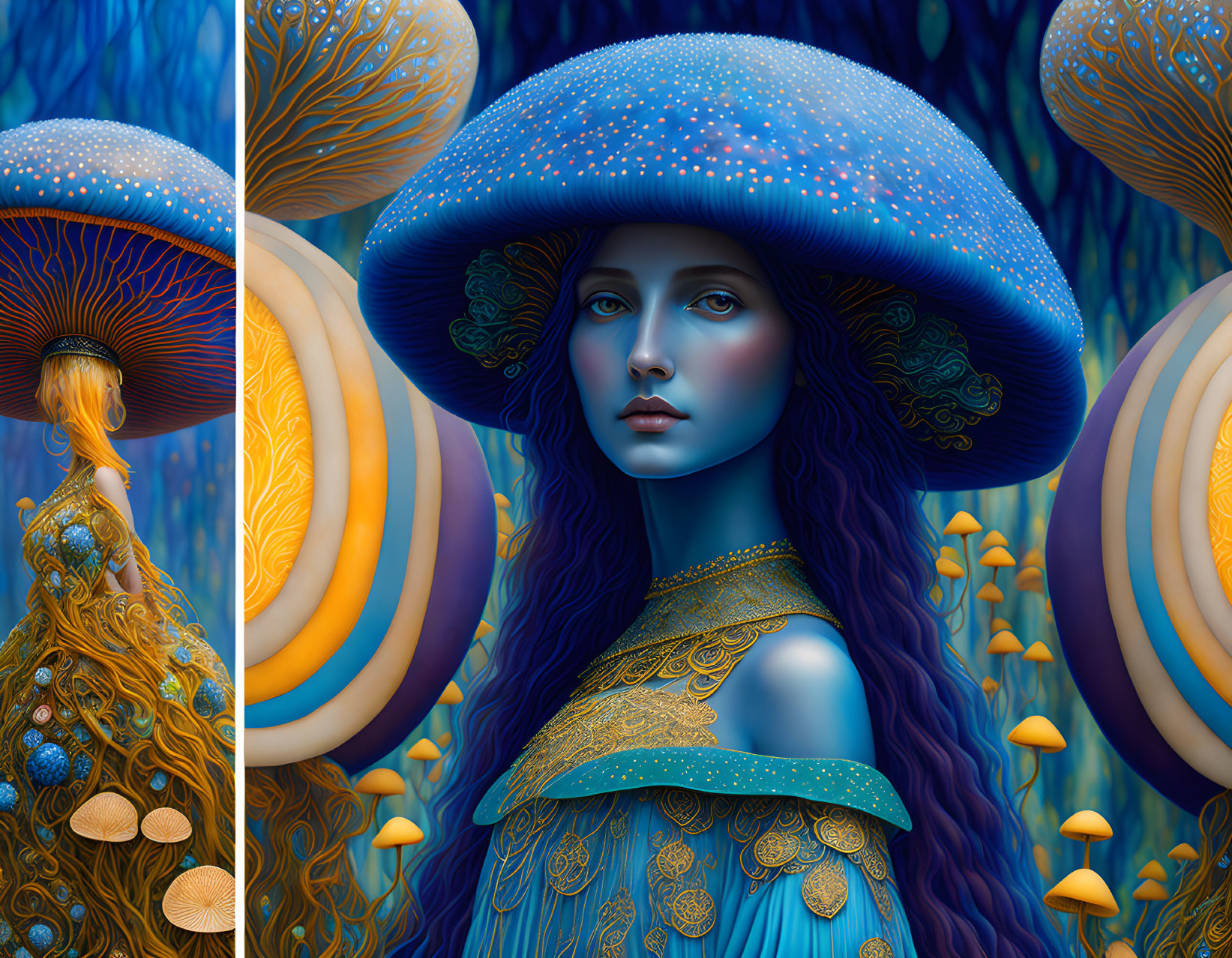 Surreal illustration of woman with blue skin in mystical forest