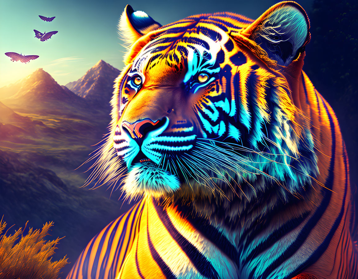 Digital Art: Majestic Tiger with Neon Blue Stripes in Mountain Sunset Scene
