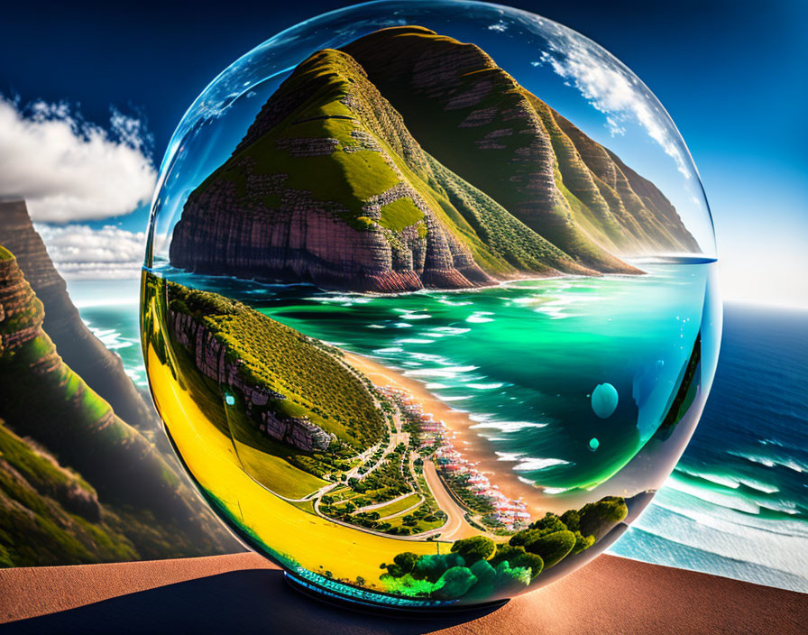 Surreal crystal ball distorting coastal landscape