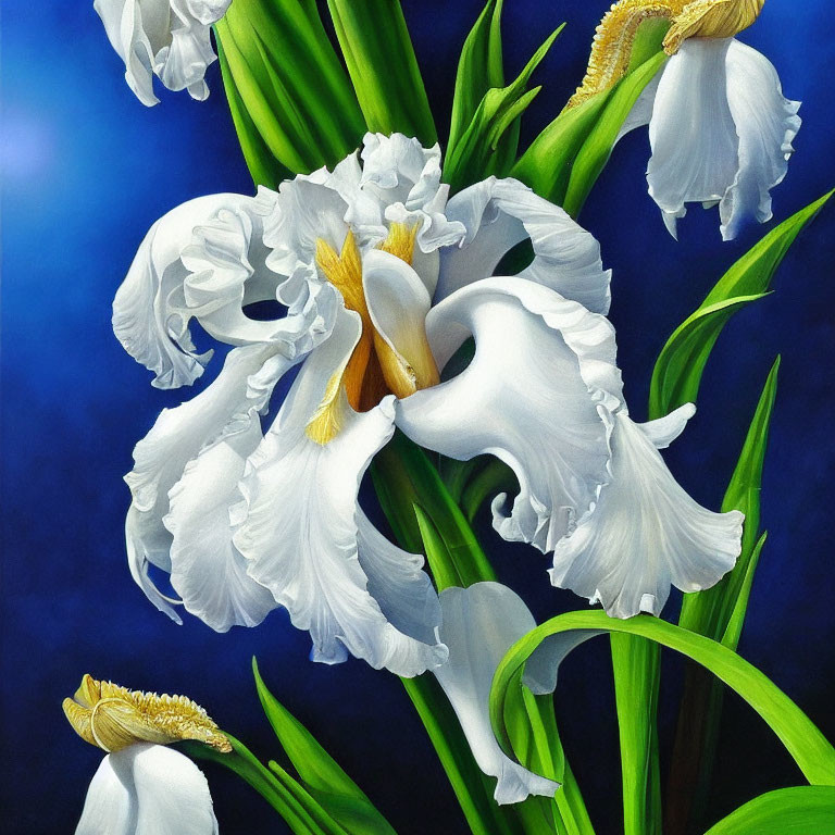 White Bearded Iris Flowers Close-Up on Blue Background