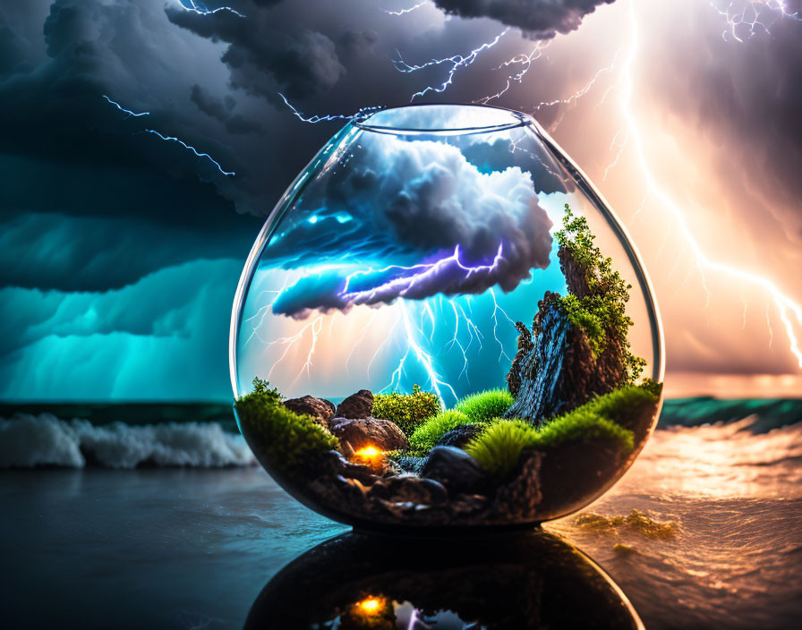 Miniature Landscape with Thunderstorm and Lightning Effects in Fishbowl