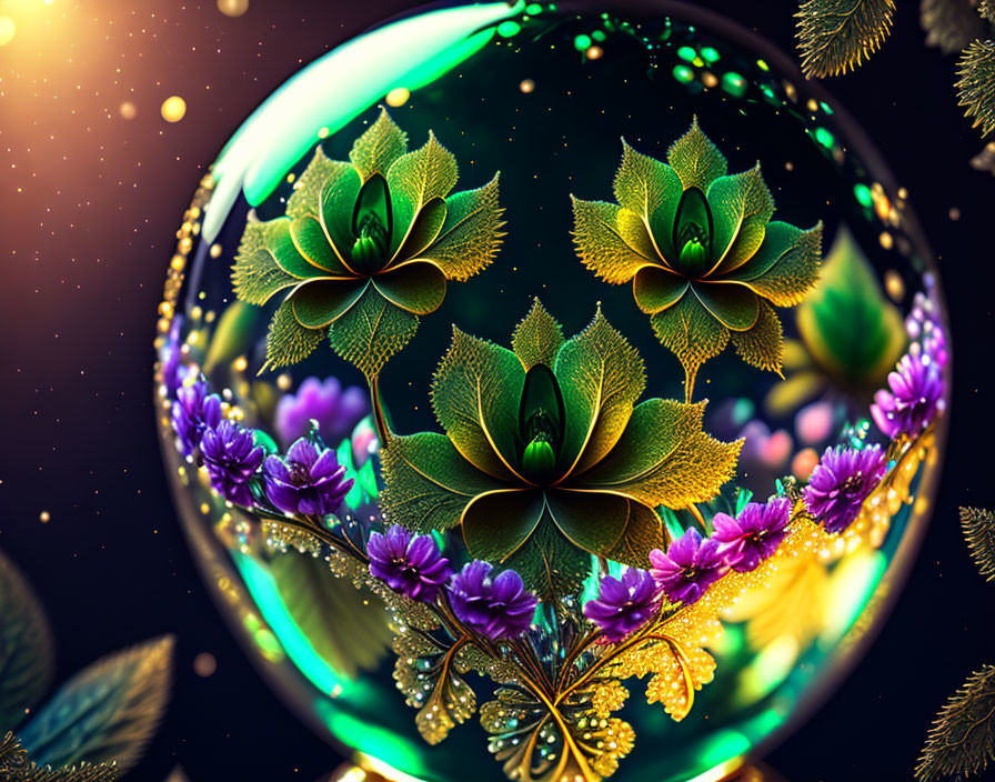 Vibrant green flowers in glowing orb with purple florals on dark background