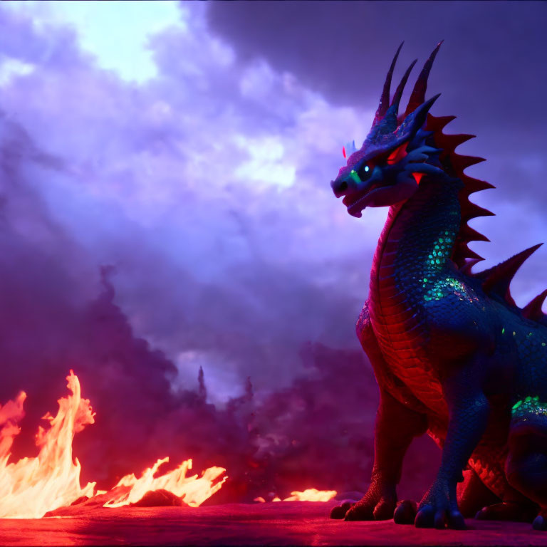 Colorful Dragon with Glowing Eyes in Fiery Sky