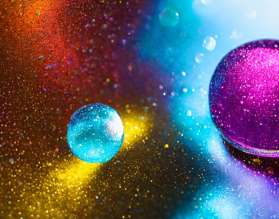 Vibrant Macro Image of Sparkling Water Droplets on Glittery Background
