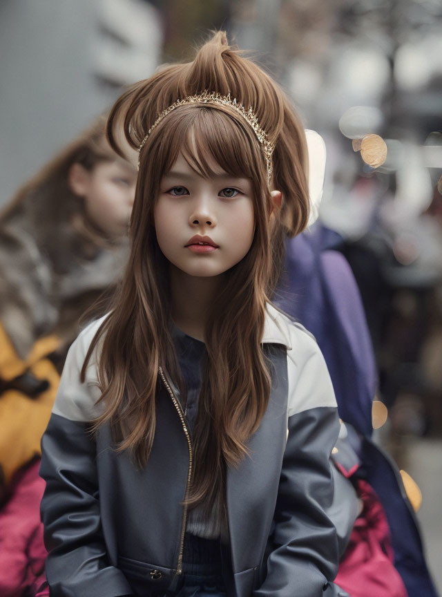 Young girl with crown and brown hair in urban setting.