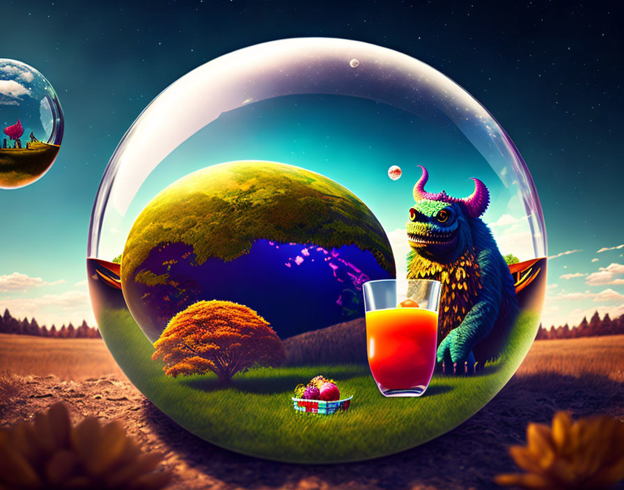 Colorful Fantasy Landscape with Whimsical Creature and Juice Glass in Transparent Bubble