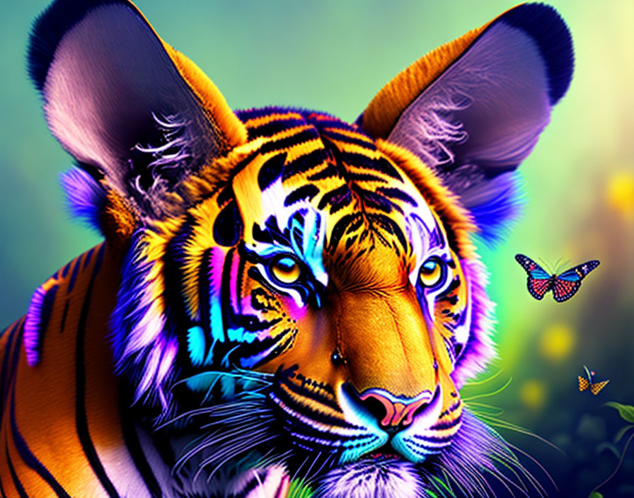 Colorful Tiger Digital Artwork with Neon Hues and Butterflies