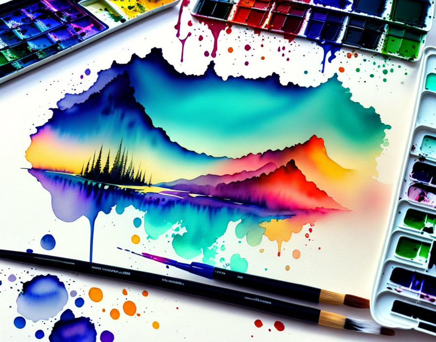 Colorful Watercolor Landscape Painting with Silhouetted Trees and Paintbrushes