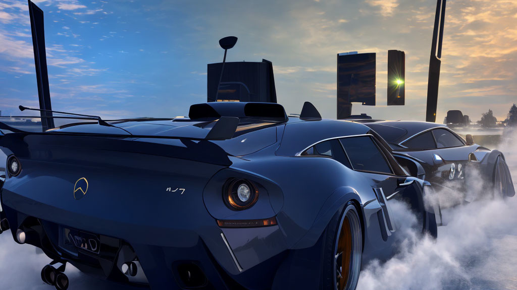 Two sleek futuristic sports cars racing at sunset in a cityscape with modern skyscrapers.