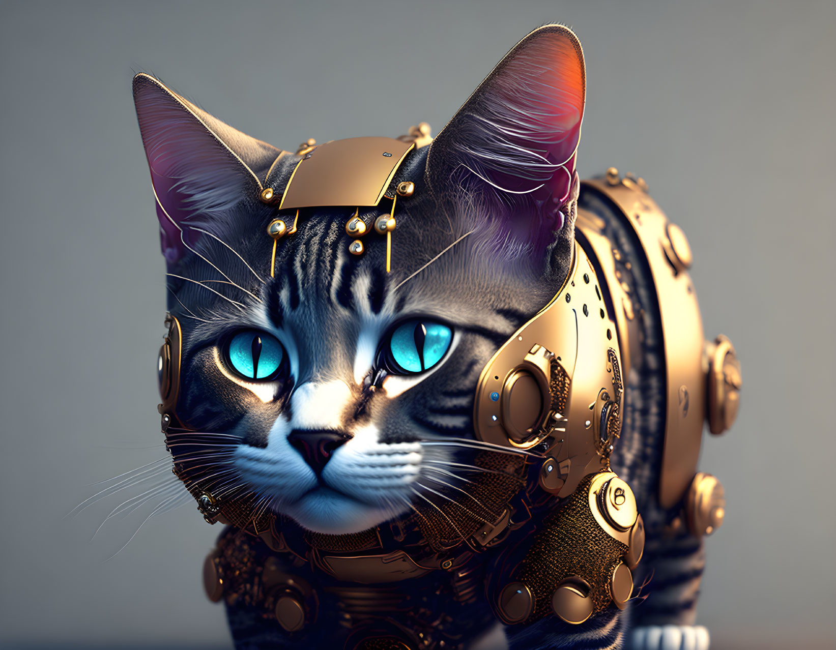 Steampunk-inspired cat digital artwork with brass elements