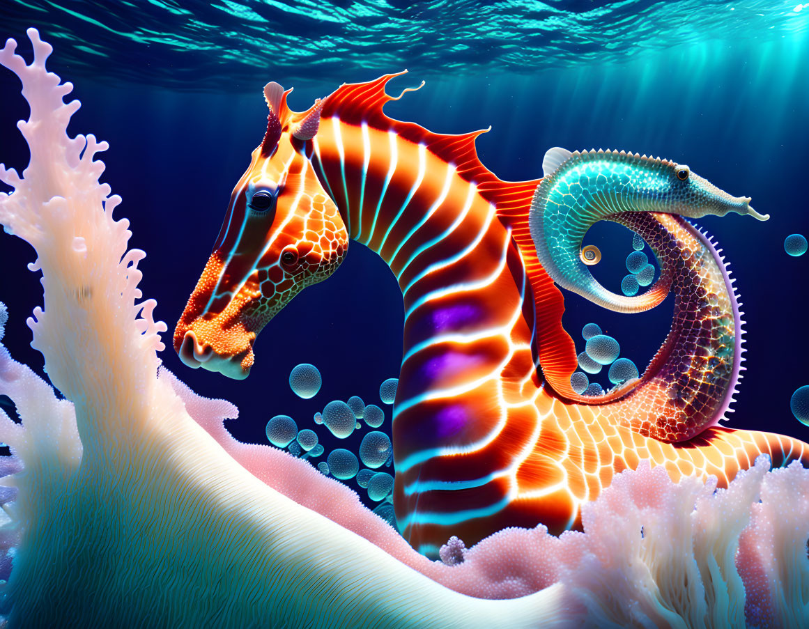 Colorful Digital Artwork: Seahorse with Glowing Patterns in Underwater Scene
