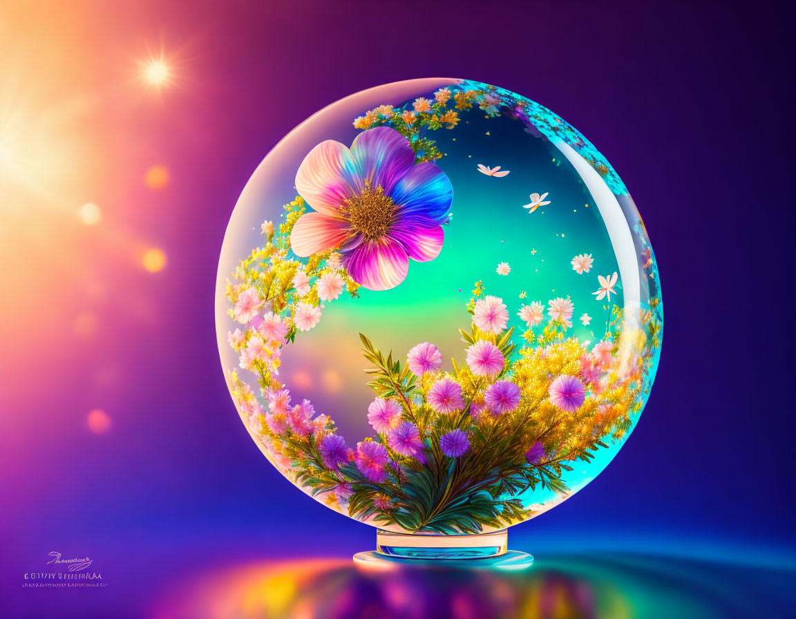 Colorful flowers and butterflies in vibrant crystal ball garden