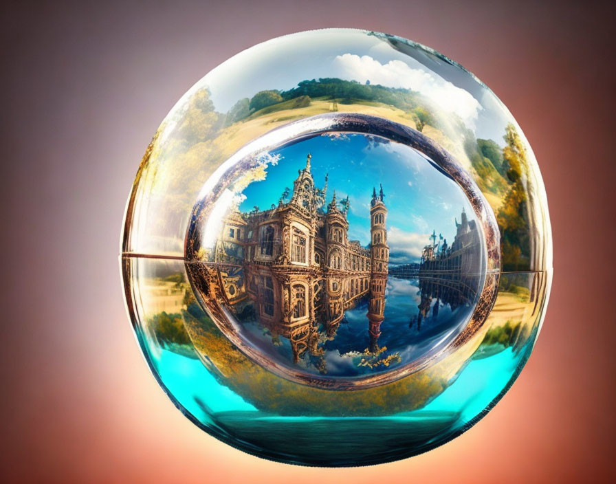 Crystal ball showing distorted classical architecture in vibrant landscape