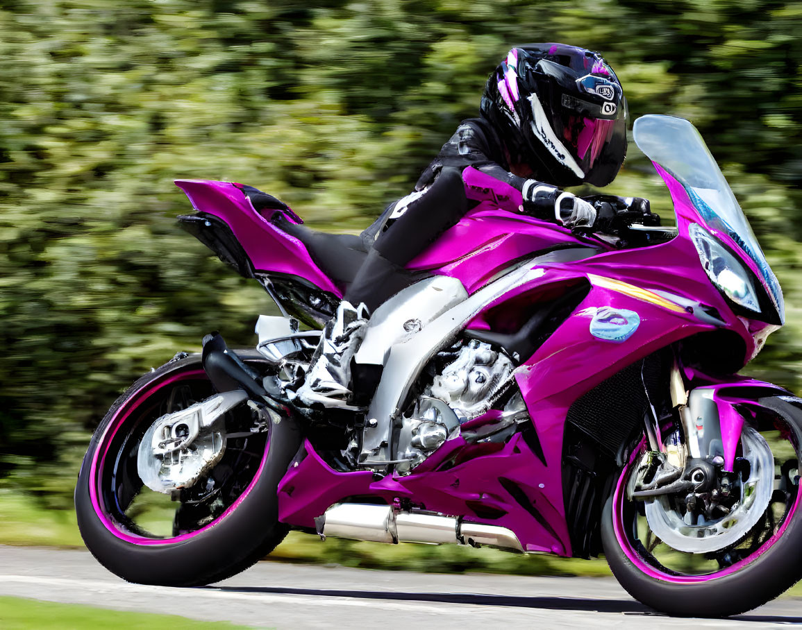 Rider in Black Gear Leaning on Purple Sport Motorcycle in Motion Blur